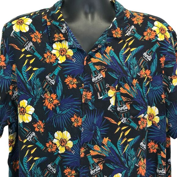 Coca Cola Hawaiian Camp Shirt Coke Soda Floral Short Sleeve Black XL X-Large - Picture 1 of 6